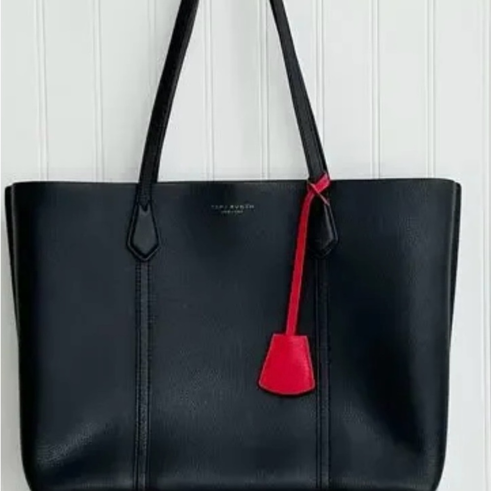 Tory Burch Black Leather Tote with Red Accent